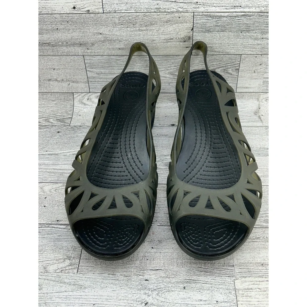 Crocs Adrina‎ III Peep Toe Wedge Sandals Army Green Black Womens 9 14937